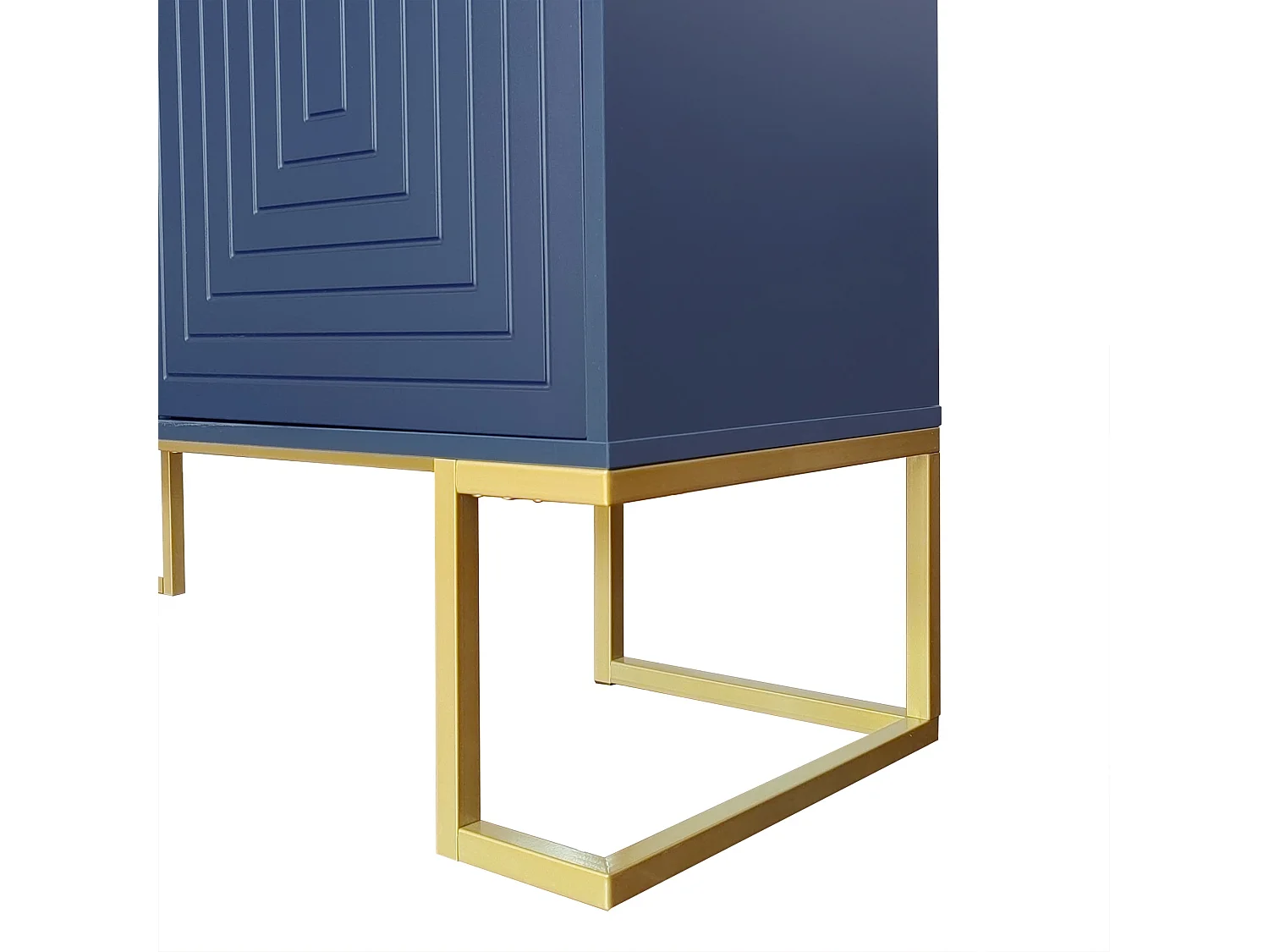 Buffet bleu avec 3 portes, étagères réglables, pieds dorés, 138x40x80,5cm