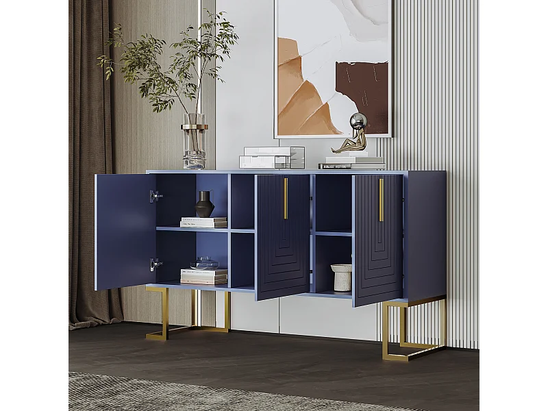 Buffet bleu avec 3 portes, étagères réglables, pieds dorés, 138x40x80,5cm