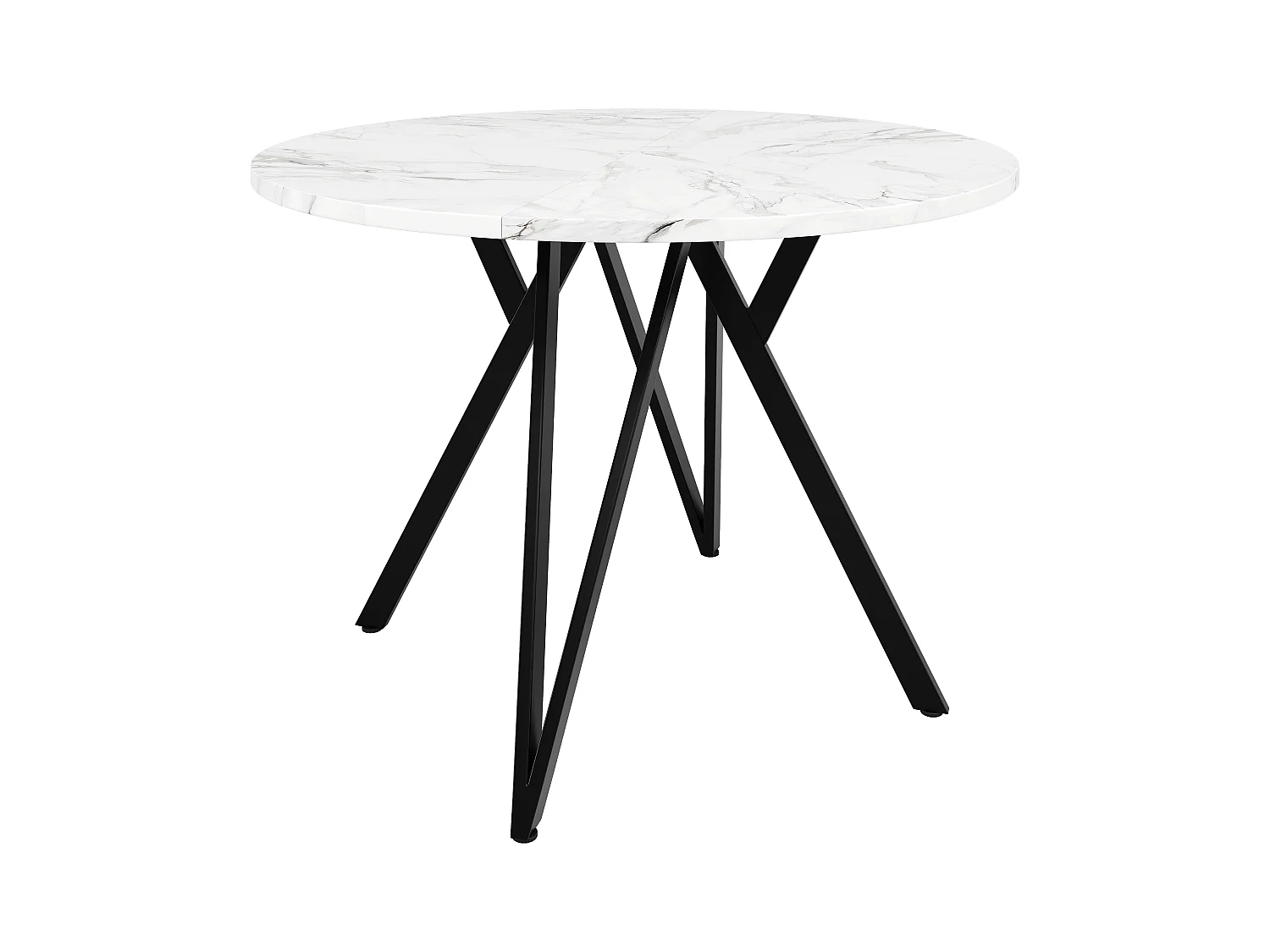 Ronde eettafel voor 4 personen - zwarte metalen poten - MDF-blad met wit marmermotief (100x100x76 cm)