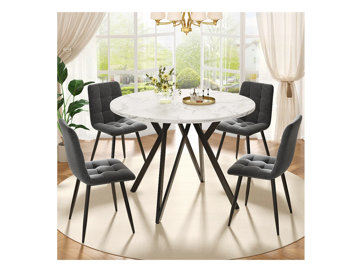 Table à manger table basse ronde pour 4 personnes - pied en métal noir - plateau mdf motif marbre blanc (100x100x76 cm)