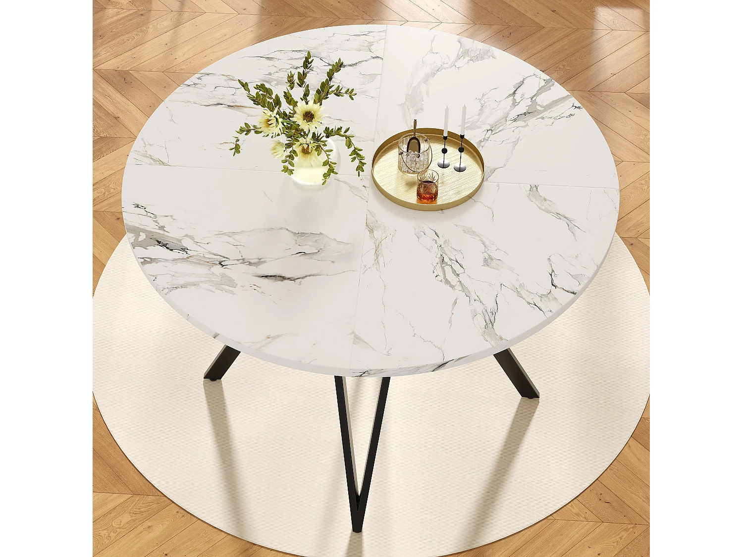 Table à manger ronde 100x100x76 cm pour 4 personnes - pied en métal noir - plateau mdf motif marbre blanc