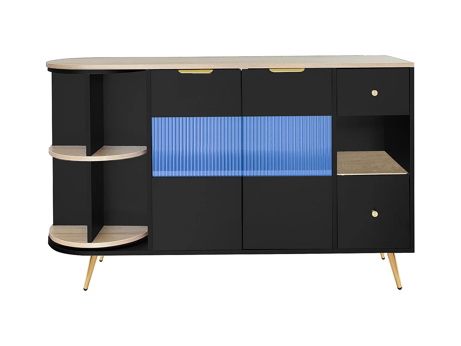 Buffet noir avec 2 portes, 2 tiroirs et éclairage LED , 130x40x80cm
