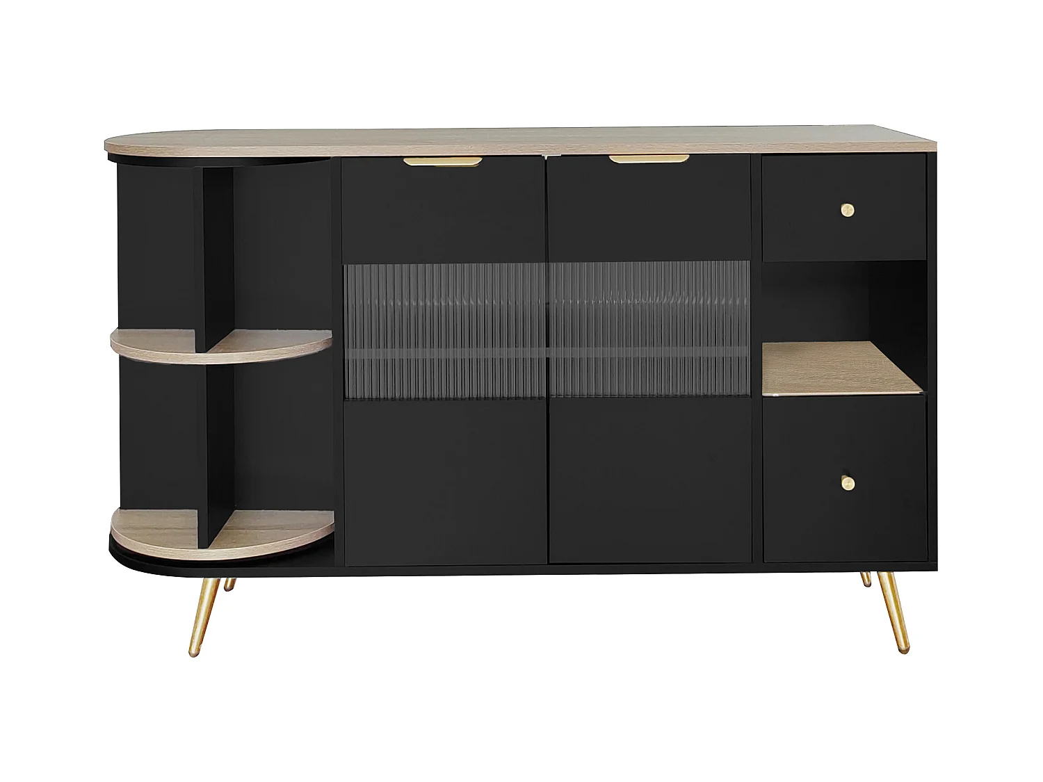 Buffet noir avec 2 portes, 2 tiroirs et éclairage LED , 130x40x80cm
