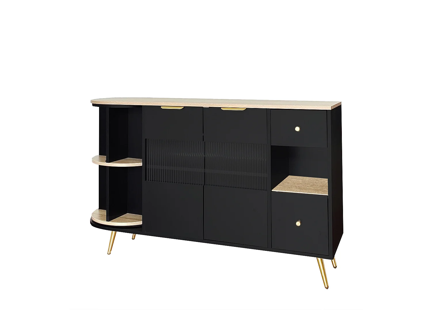 Buffet noir avec 2 portes, 2 tiroirs et éclairage LED , 130x40x80cm
