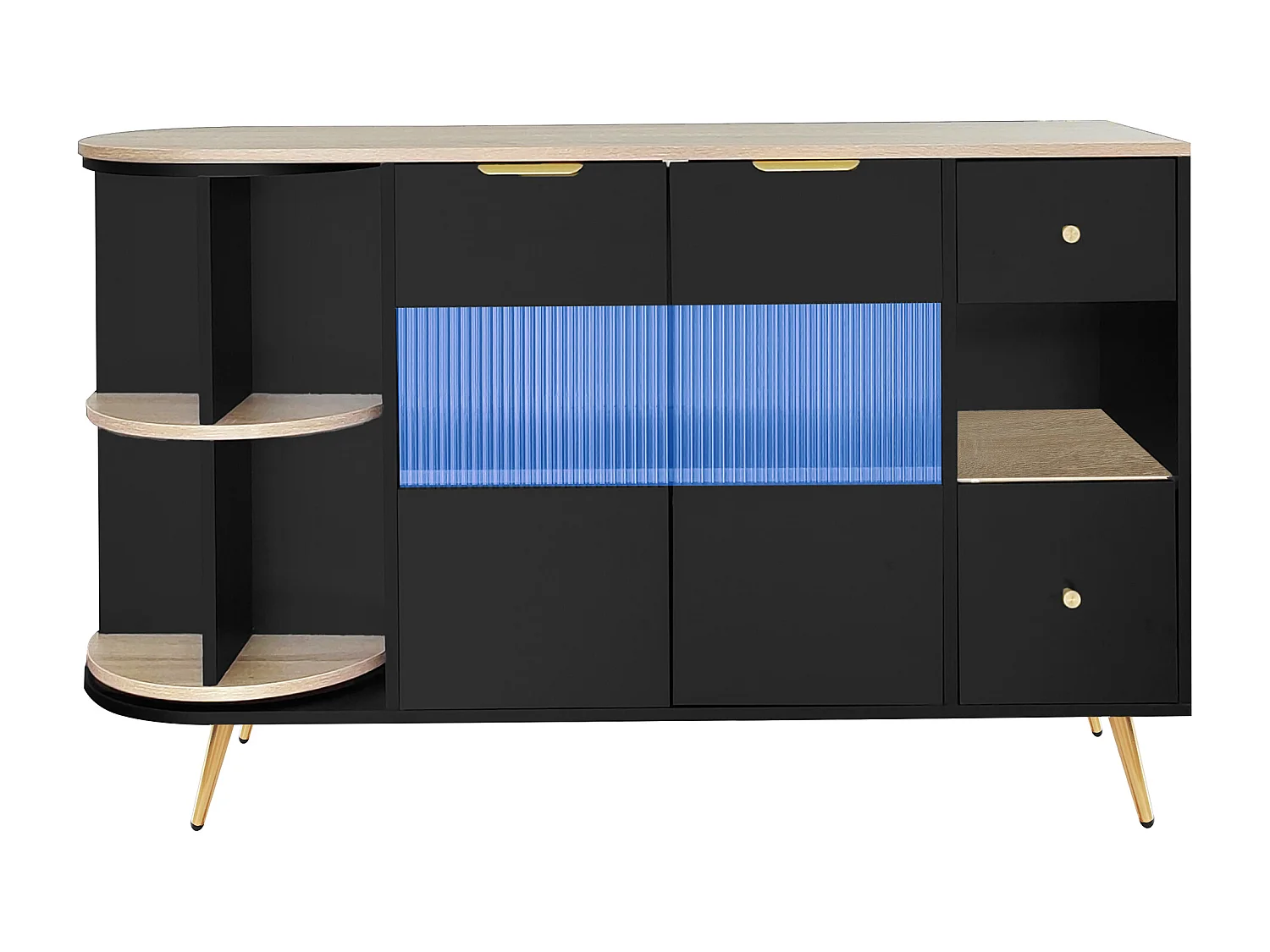 Buffet noir avec 2 portes, 2 tiroirs et éclairage LED , 130x40x80cm