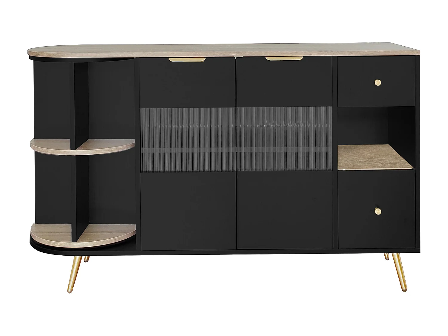 Buffet noir avec 2 portes, 2 tiroirs et éclairage LED , 130x40x80cm