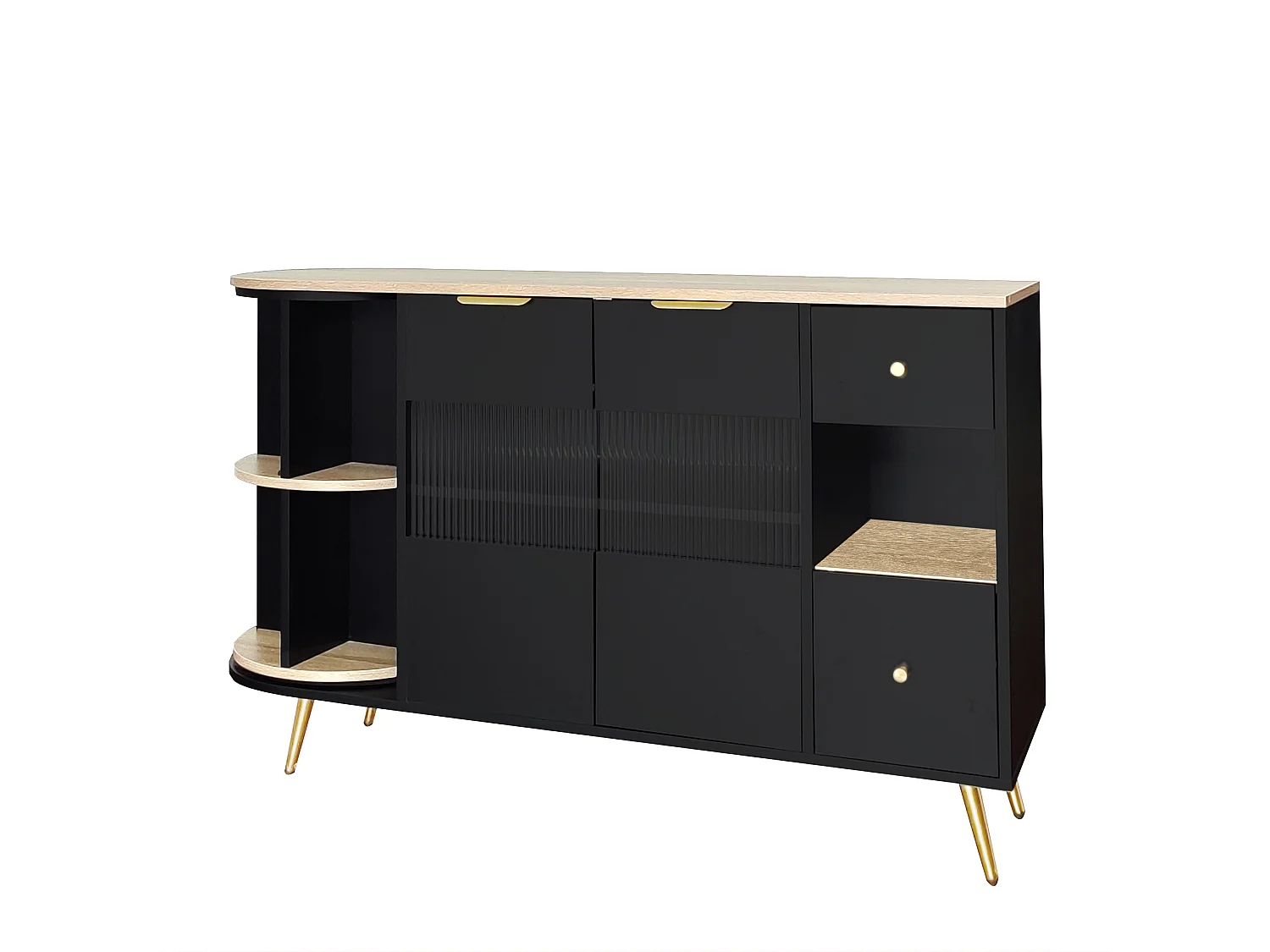 Buffet noir avec 2 portes, 2 tiroirs et éclairage LED , 130x40x80cm