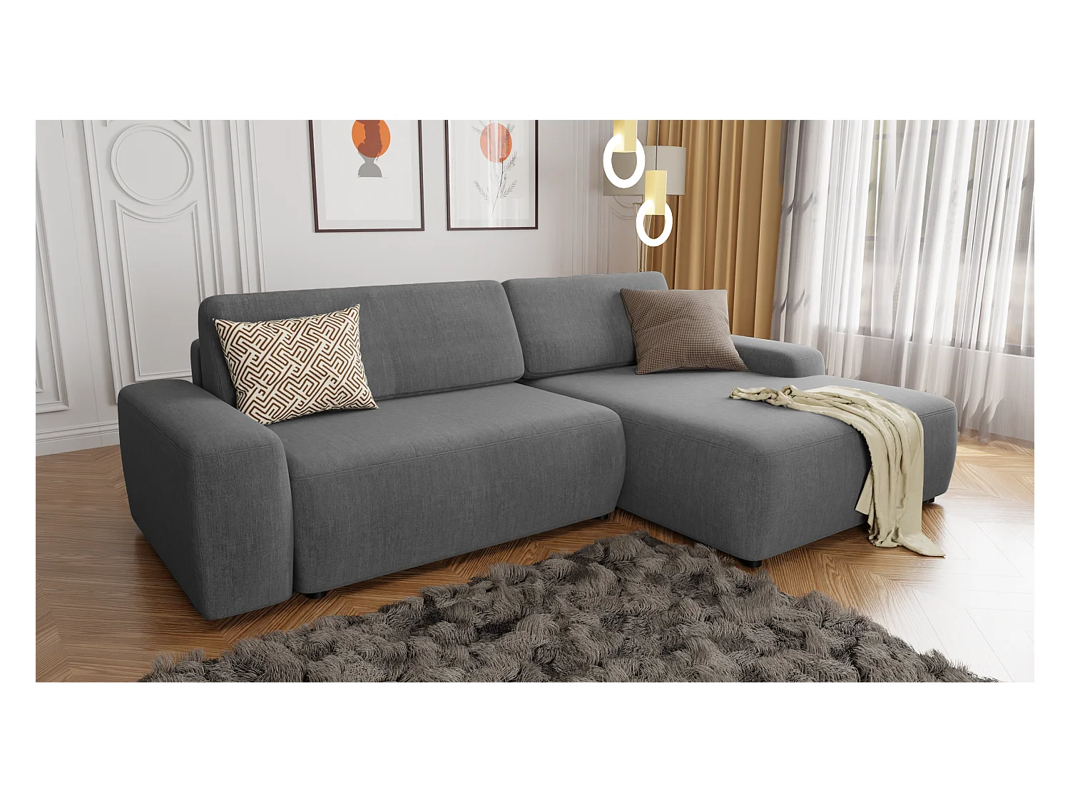 Canapé d’angle avec fonction lit et coffre de rangement en tissu velours gris, agréable confort d’assise ALWIN