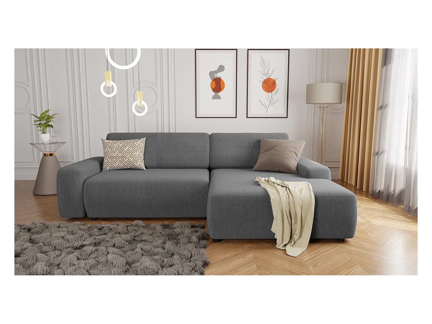 Canapé d’angle avec fonction lit et coffre de rangement en tissu velours gris, agréable confort d’assise ALWIN