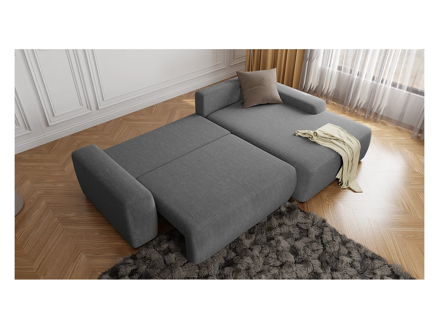 Canapé d’angle avec fonction lit et coffre de rangement en tissu velours gris, agréable confort d’assise ALWIN