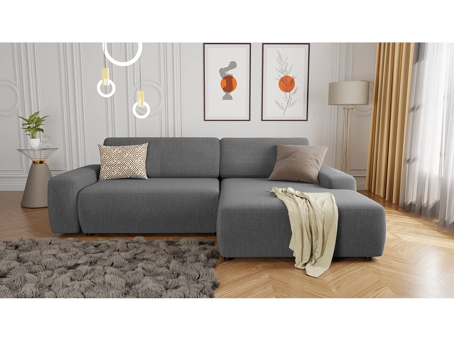 Canapé d’angle avec fonction lit et coffre de rangement en tissu velours gris, agréable confort d’assise ALWIN