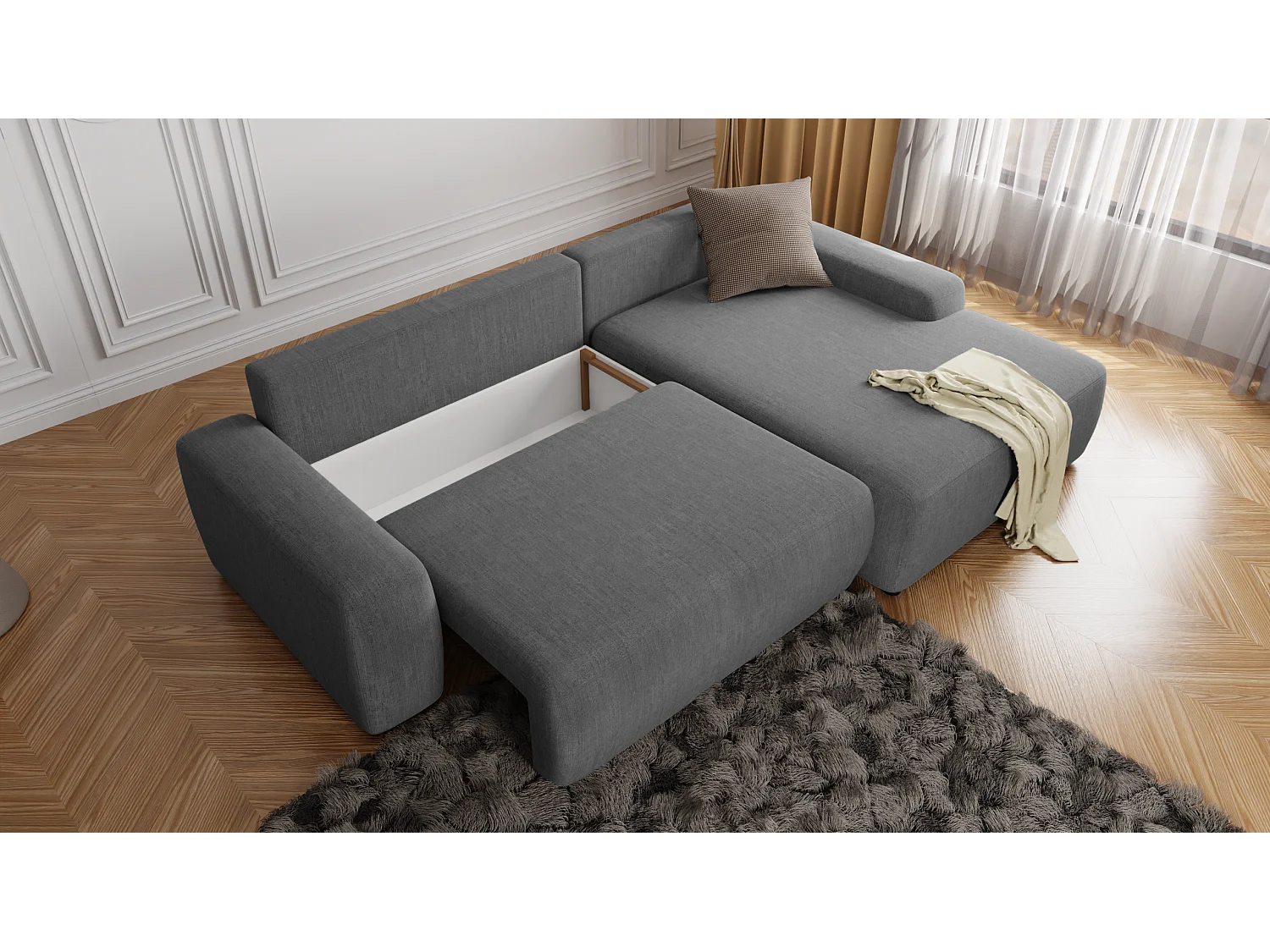 Canapé d’angle avec fonction lit et coffre de rangement en tissu velours gris, agréable confort d’assise ALWIN