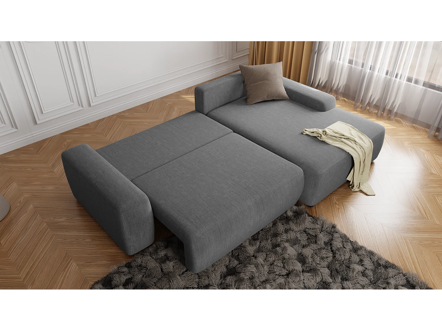 Canapé d’angle avec fonction lit et coffre de rangement en tissu velours gris, agréable confort d’assise ALWIN