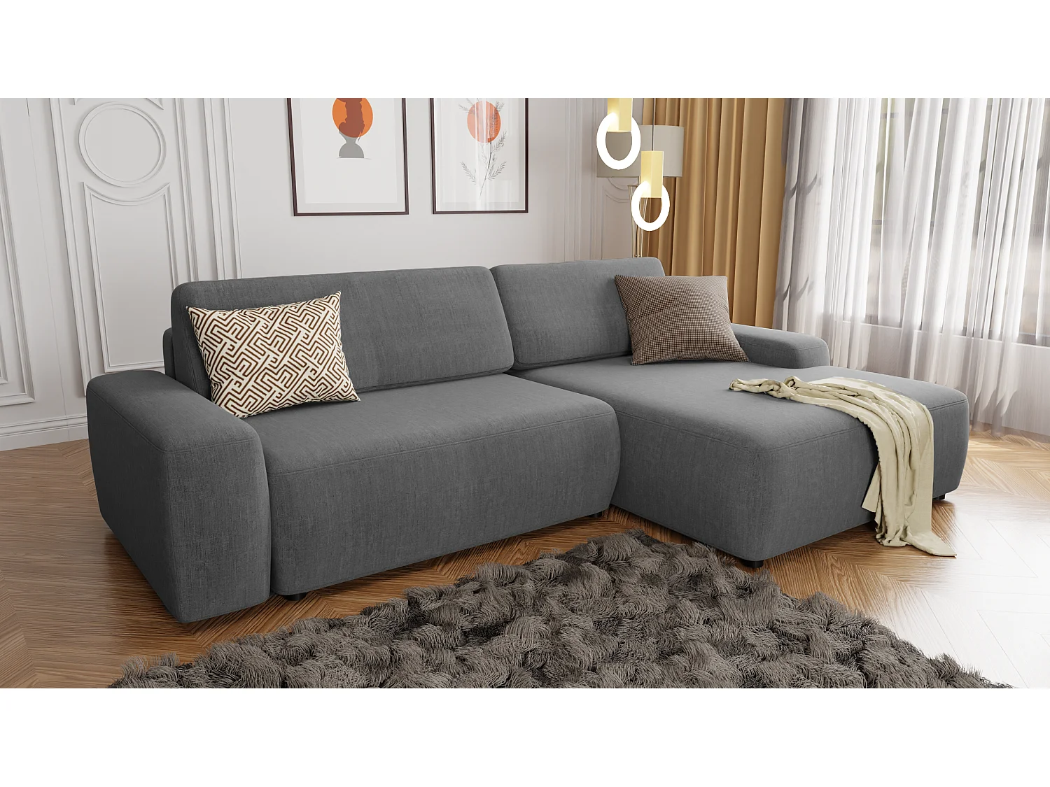 Canapé d’angle avec fonction lit et coffre de rangement en tissu velours gris, agréable confort d’assise ALWIN