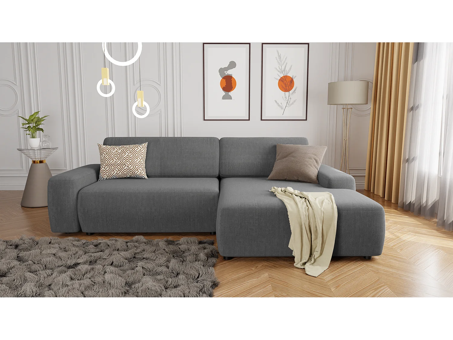 Canapé d’angle avec fonction lit et coffre de rangement en tissu velours gris, agréable confort d’assise ALWIN