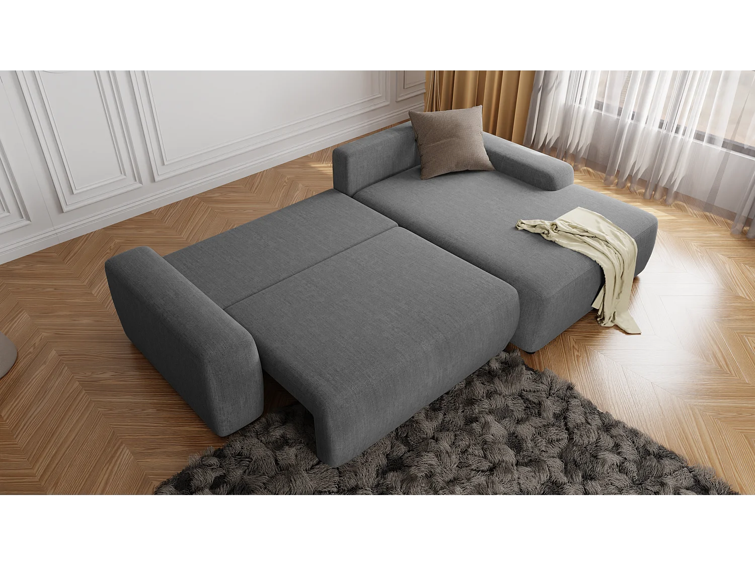 Canapé d’angle avec fonction lit et coffre de rangement en tissu velours gris, agréable confort d’assise ALWIN