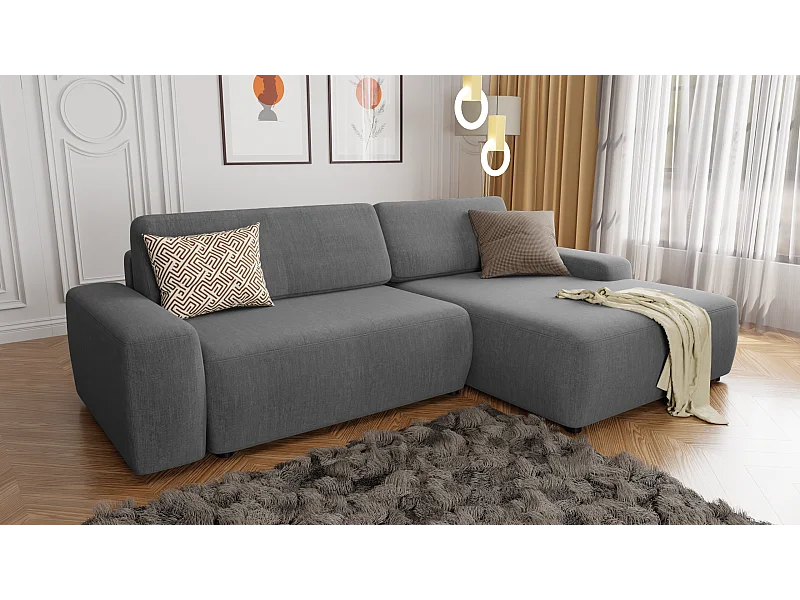Canapé d’angle avec fonction lit et coffre de rangement en tissu velours gris, agréable confort d’assise ALWIN