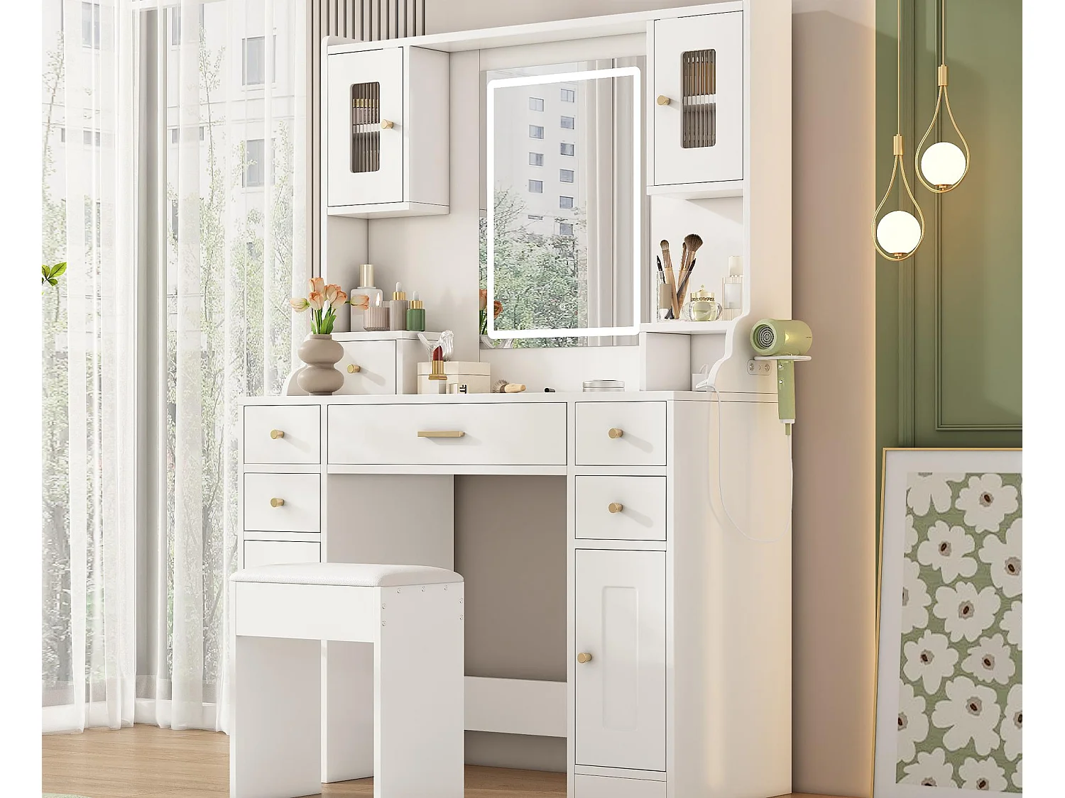 Penteadeira com espelho 152×40×105 cm - com banqueta - com LED ajustável e tomada - com 6 gavetas e 4 portas - branco