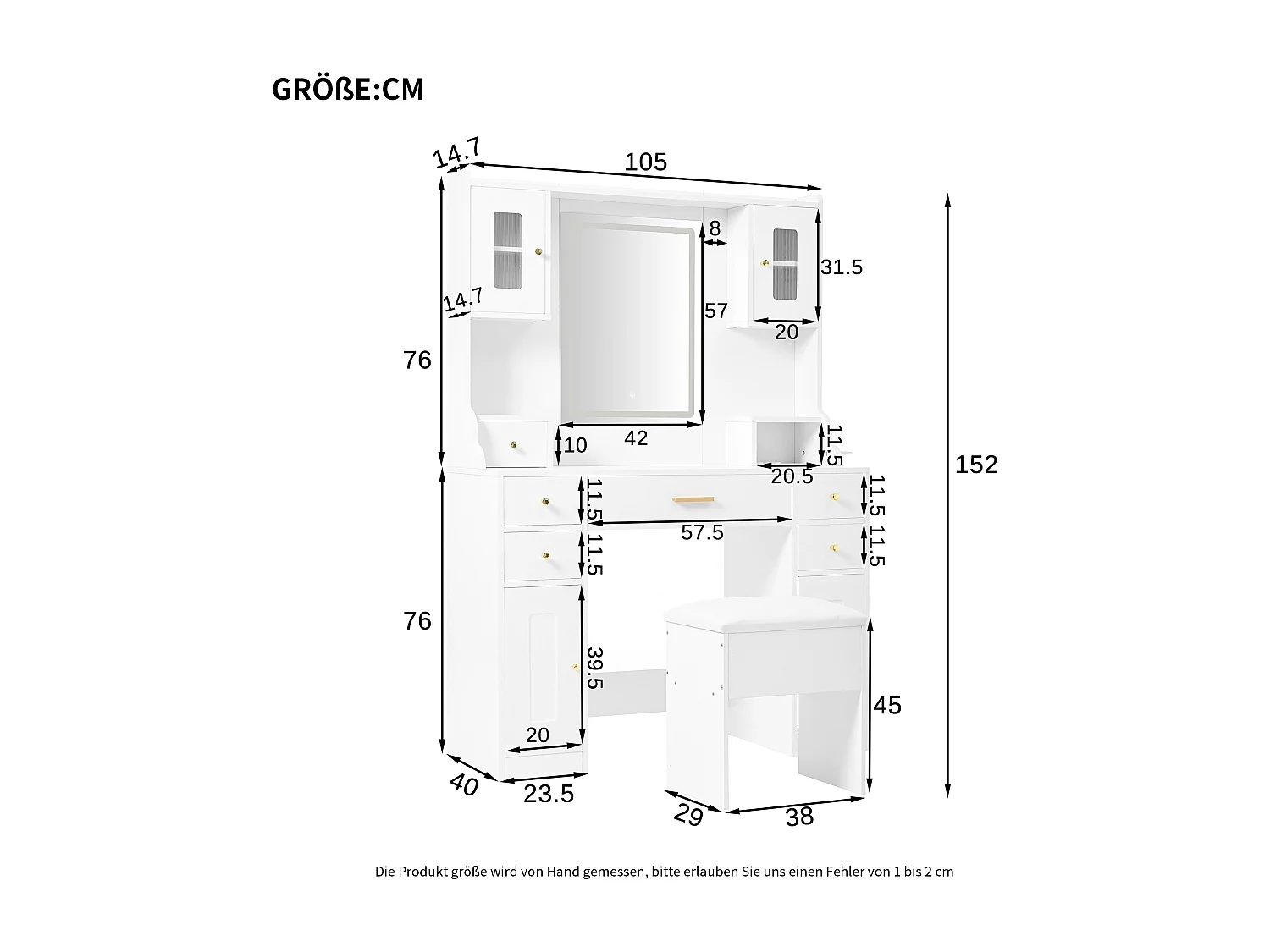 Penteadeira com espelho 152×40×105 cm - com banqueta - com LED ajustável e tomada - com 6 gavetas e 4 portas - branco