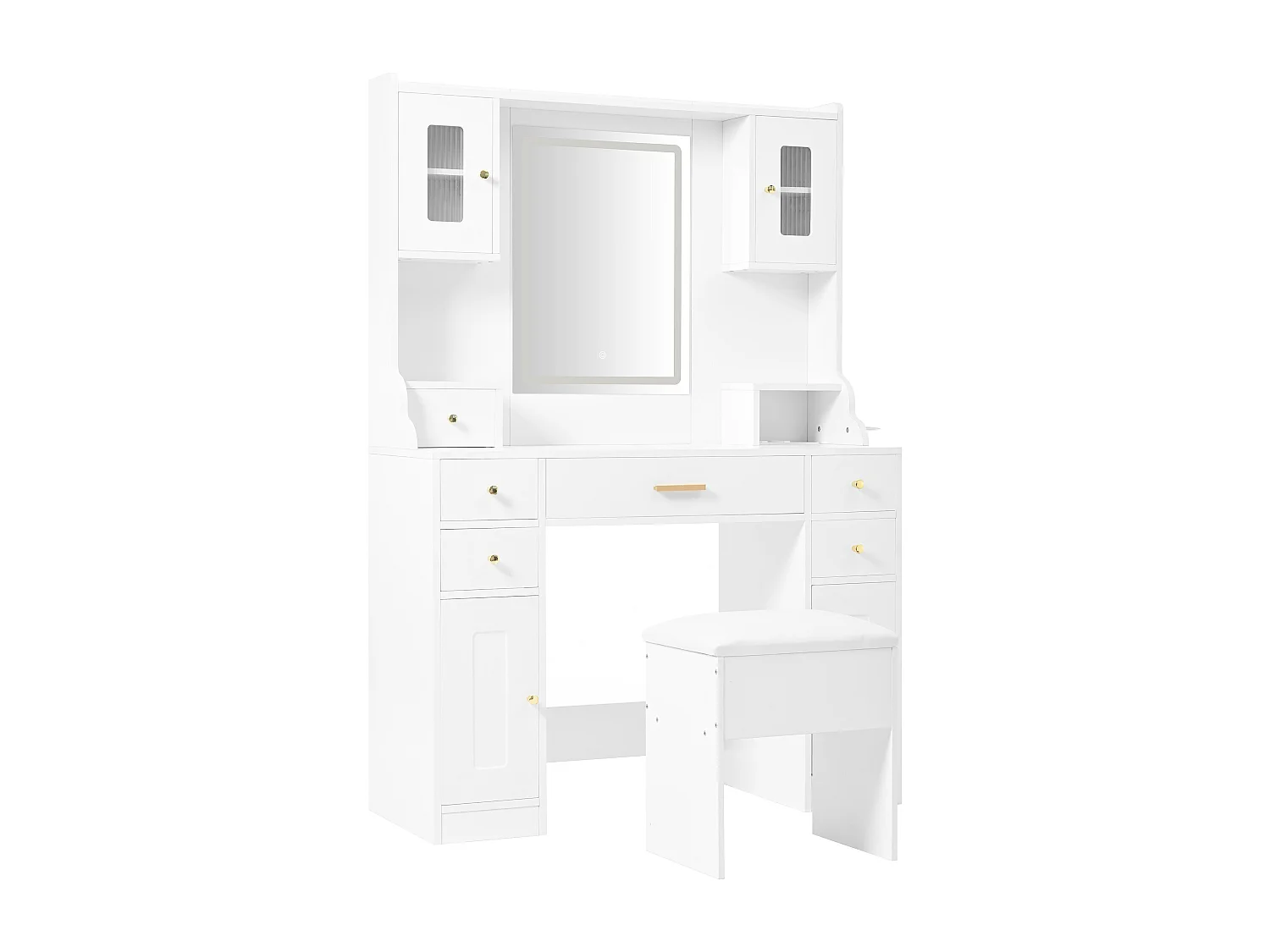 Penteadeira com espelho 152×40×105 cm - com banqueta - com LED ajustável e tomada - com 6 gavetas e 4 portas - branco