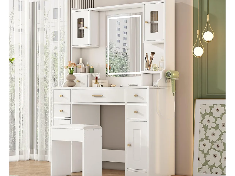 Penteadeira com espelho 152×40×105 cm - com banqueta - com LED ajustável e tomada - com 6 gavetas e 4 portas - branco