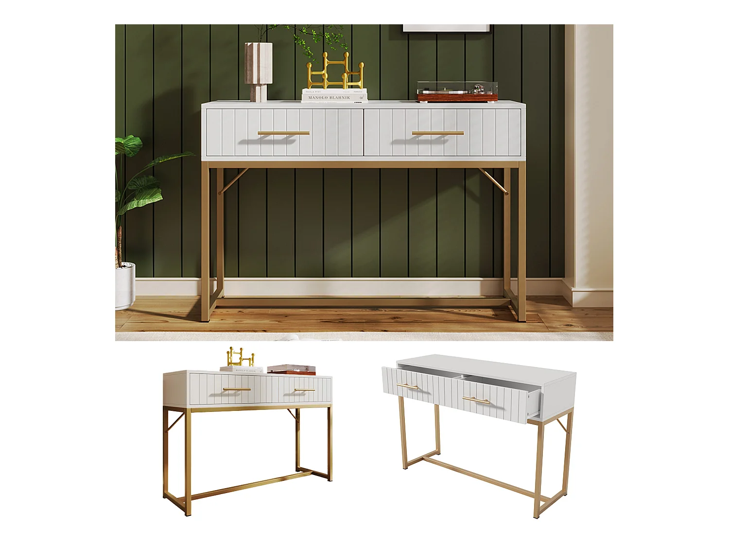 URBAN MEUBLE Coiffeuse blanche luxe avec tiroirs rainurés, poignées et piétement dorées