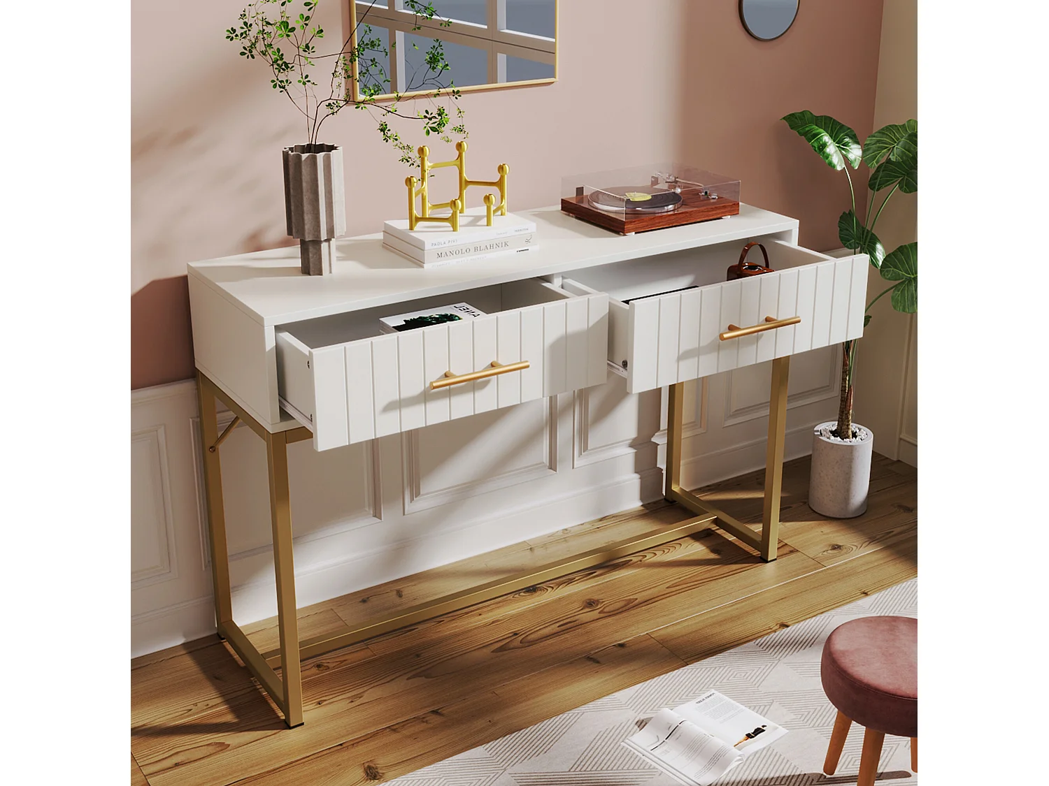 URBAN MEUBLE Coiffeuse blanche luxe avec tiroirs rainurés, poignées et piétement dorées
