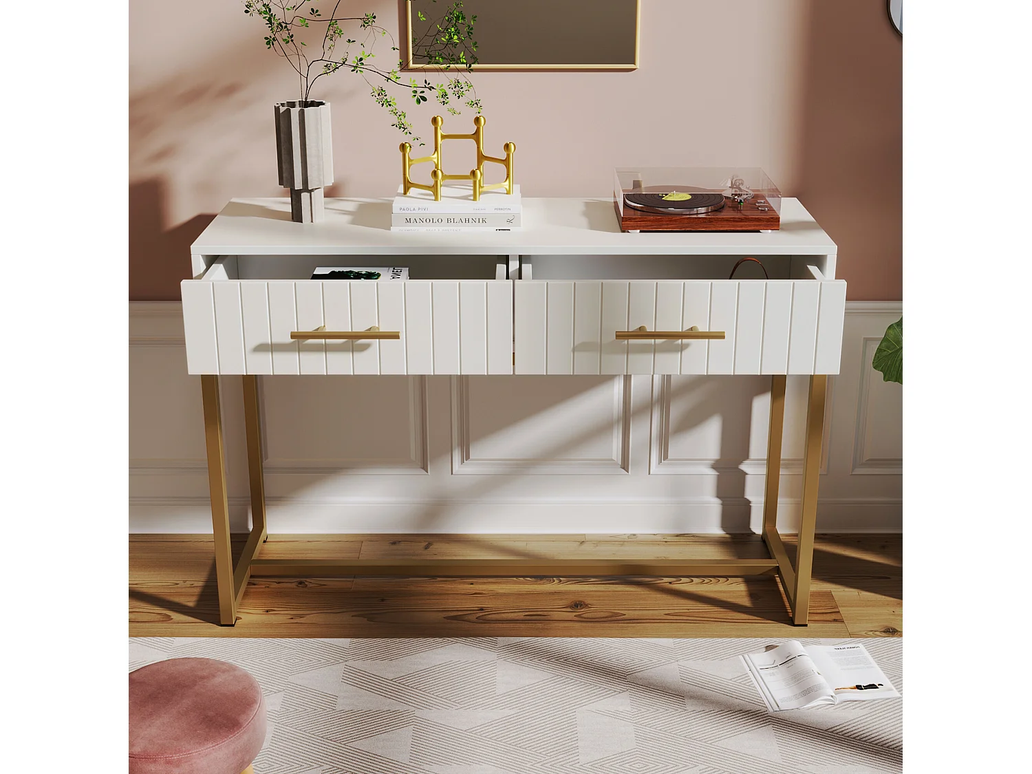 URBAN MEUBLE Coiffeuse blanche luxe avec tiroirs rainurés, poignées et piétement dorées