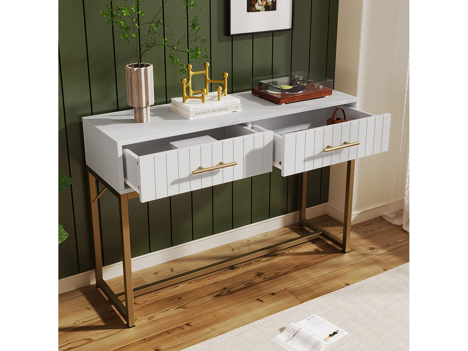 URBAN MEUBLE Coiffeuse blanche luxe avec tiroirs rainurés, poignées et piétement dorées