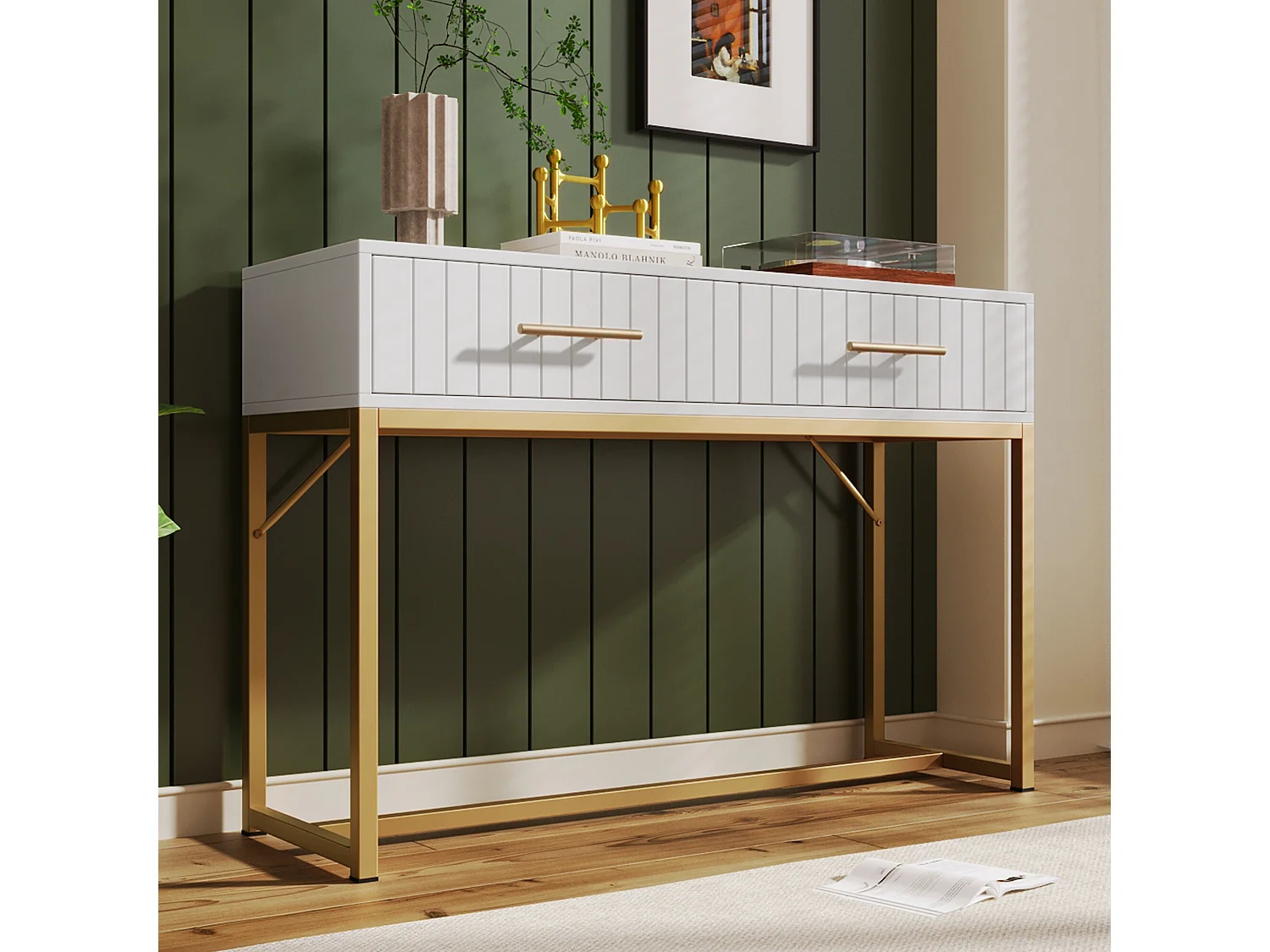 URBAN MEUBLE Coiffeuse blanche luxe avec tiroirs rainurés, poignées et piétement dorées
