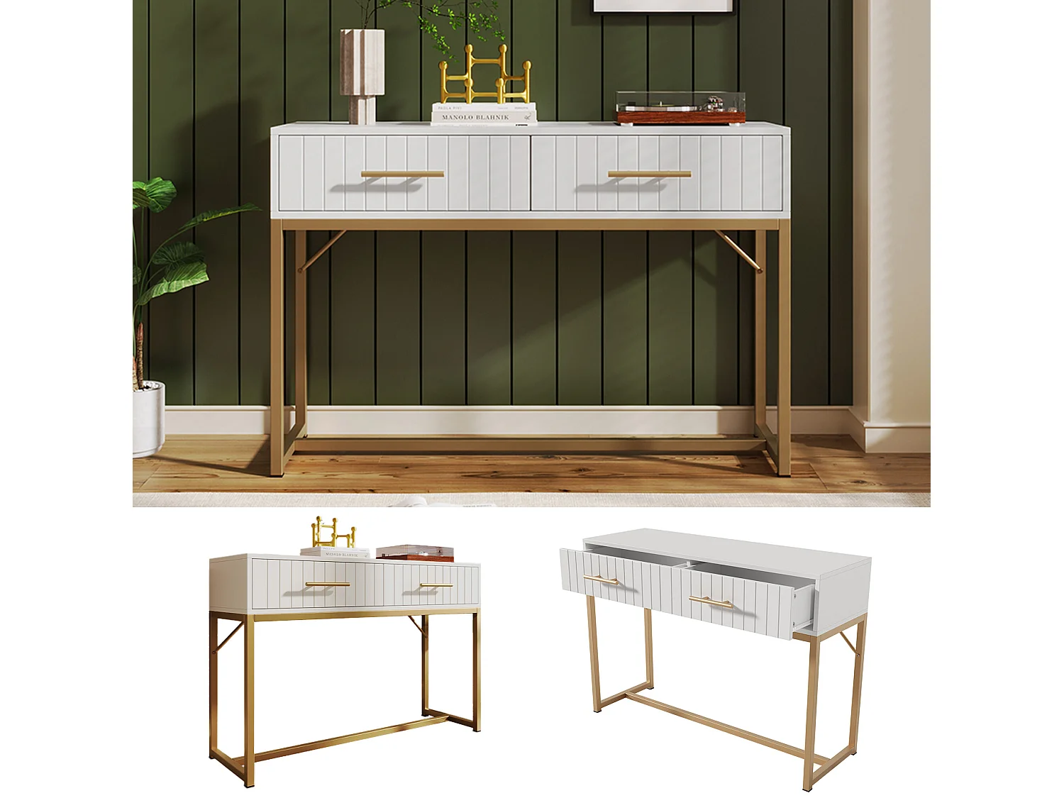 URBAN MEUBLE Coiffeuse blanche luxe avec tiroirs rainurés, poignées et piétement dorées