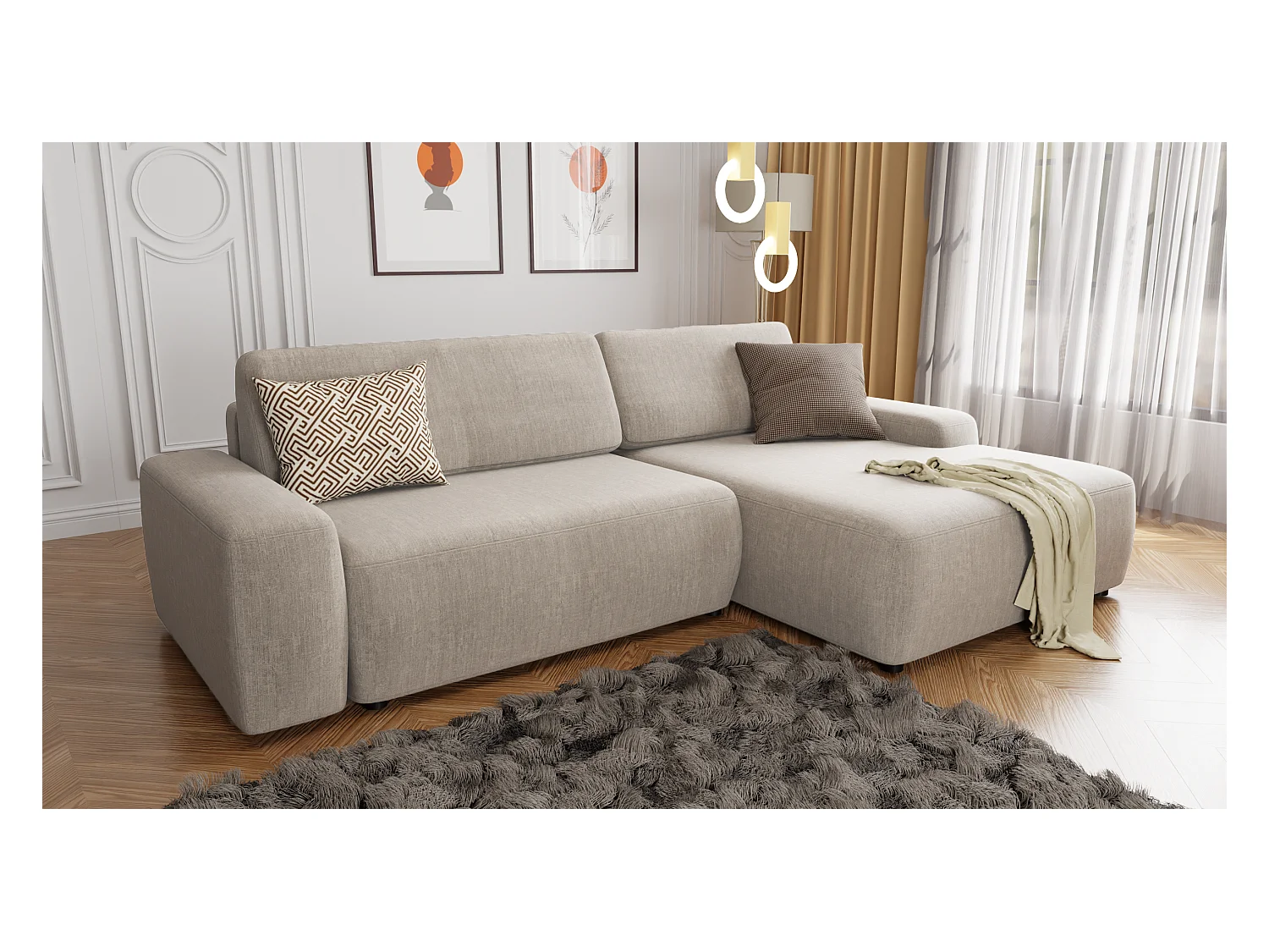 Canapé d’angle avec fonction lit et coffre de rangement en tissu velours beige, agréable confort d’assise ALWIN