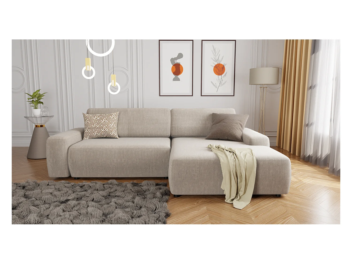 Canapé d’angle avec fonction lit et coffre de rangement en tissu velours beige, agréable confort d’assise ALWIN