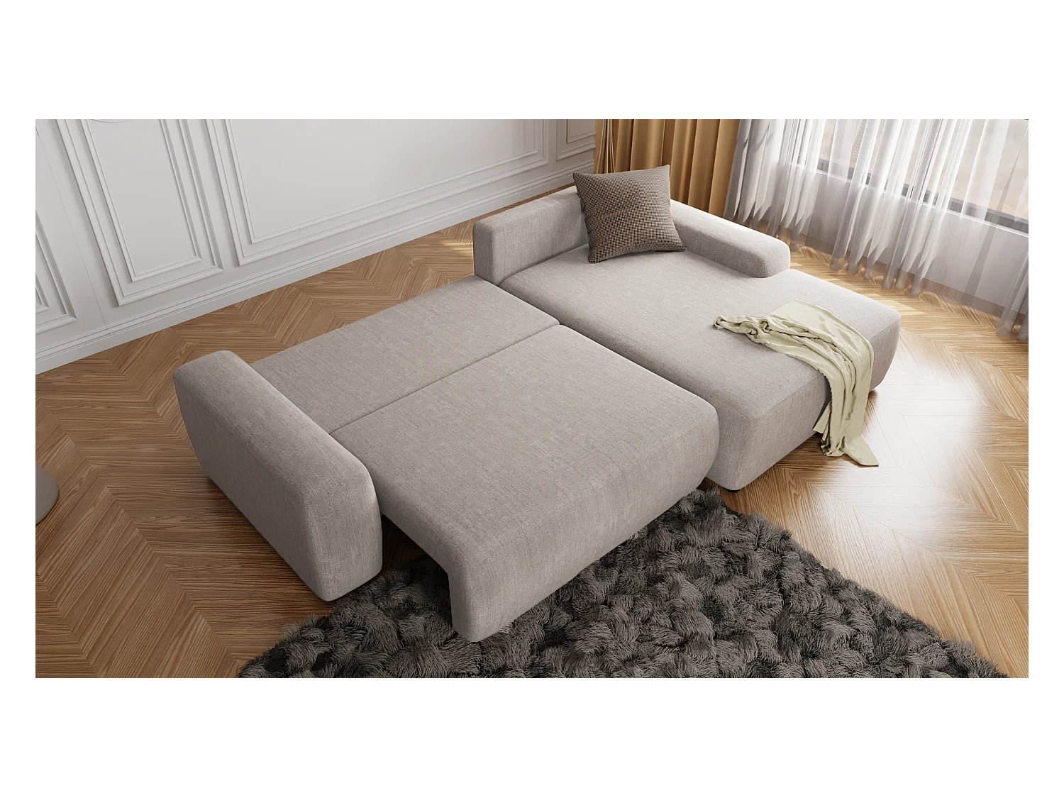 Canapé d’angle avec fonction lit et coffre de rangement en tissu velours beige, agréable confort d’assise ALWIN