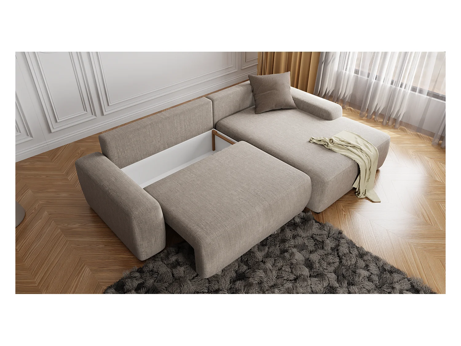 Canapé d’angle avec fonction lit et coffre de rangement en tissu velours beige, agréable confort d’assise ALWIN