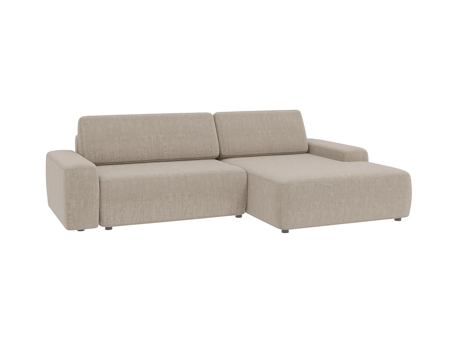 Canapé d’angle avec fonction lit et coffre de rangement en tissu velours beige, agréable confort d’assise ALWIN
