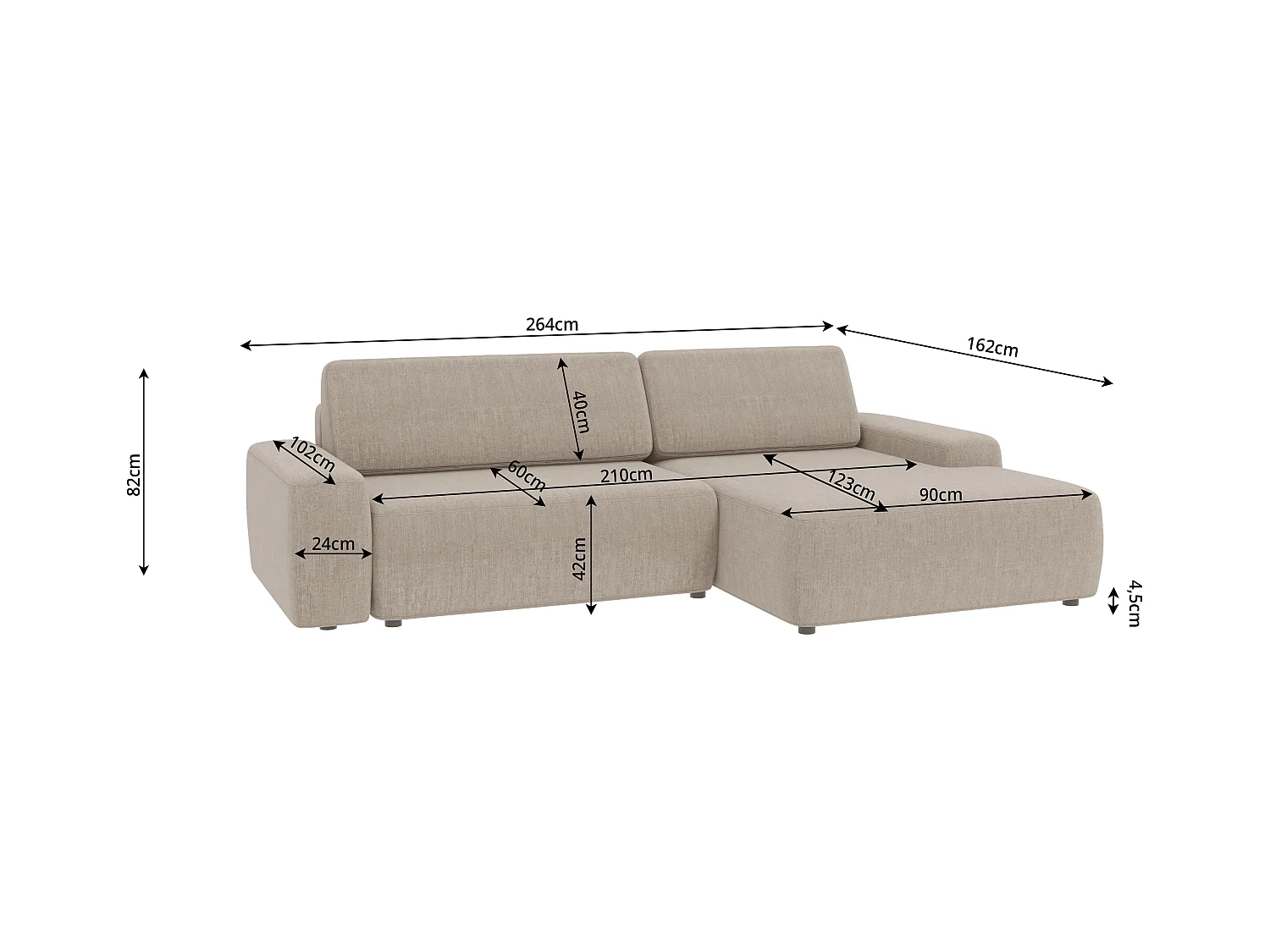 Canapé d’angle avec fonction lit et coffre de rangement en tissu velours beige, agréable confort d’assise ALWIN