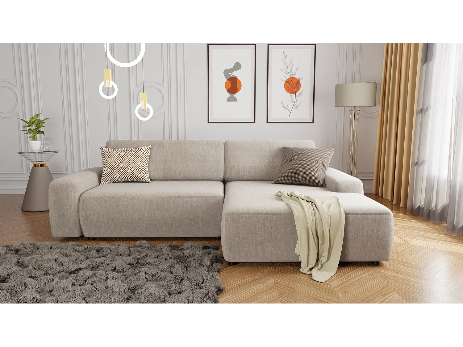 Canapé d’angle avec fonction lit et coffre de rangement en tissu velours beige, agréable confort d’assise ALWIN