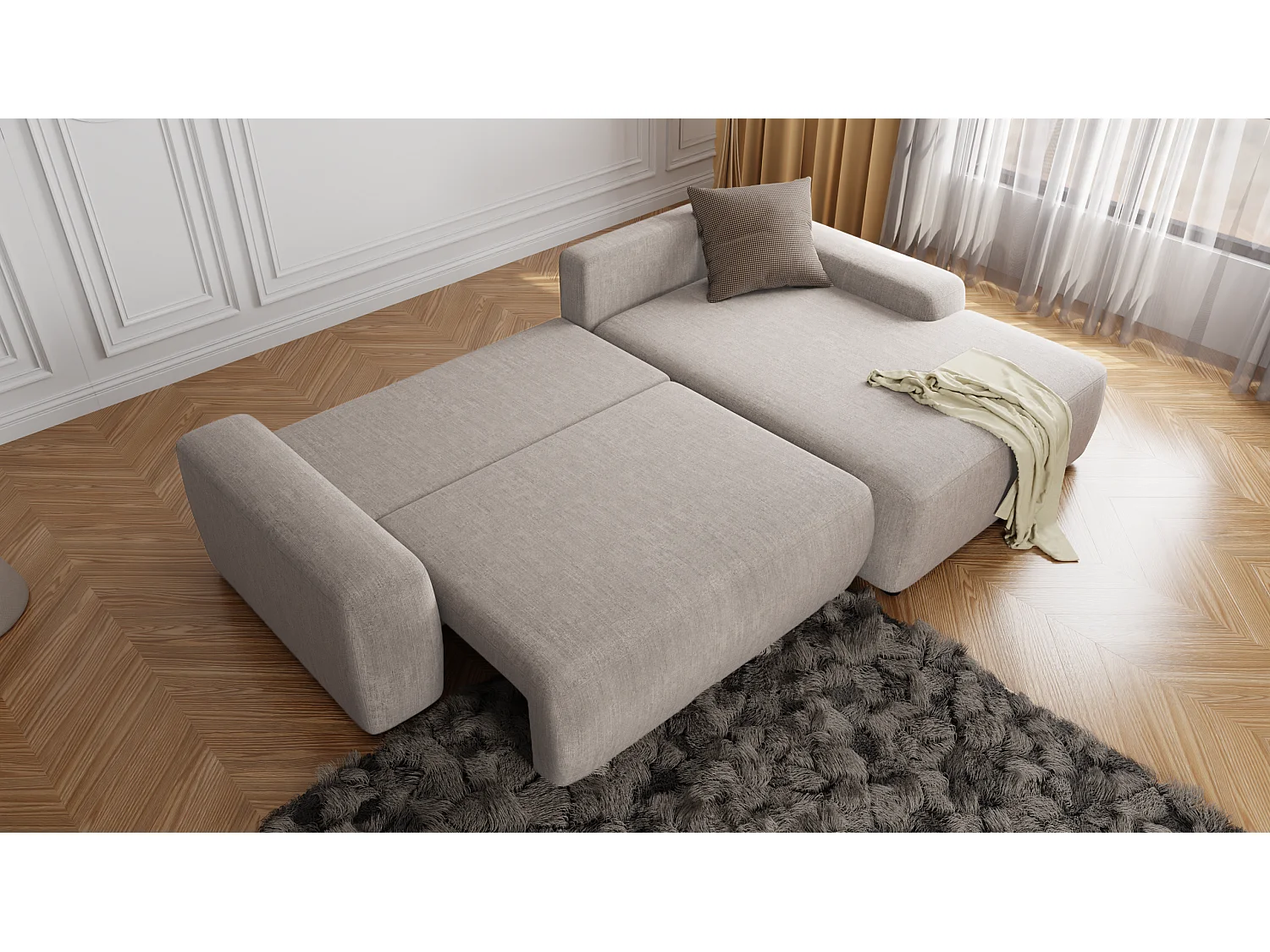 Canapé d’angle avec fonction lit et coffre de rangement en tissu velours beige, agréable confort d’assise ALWIN