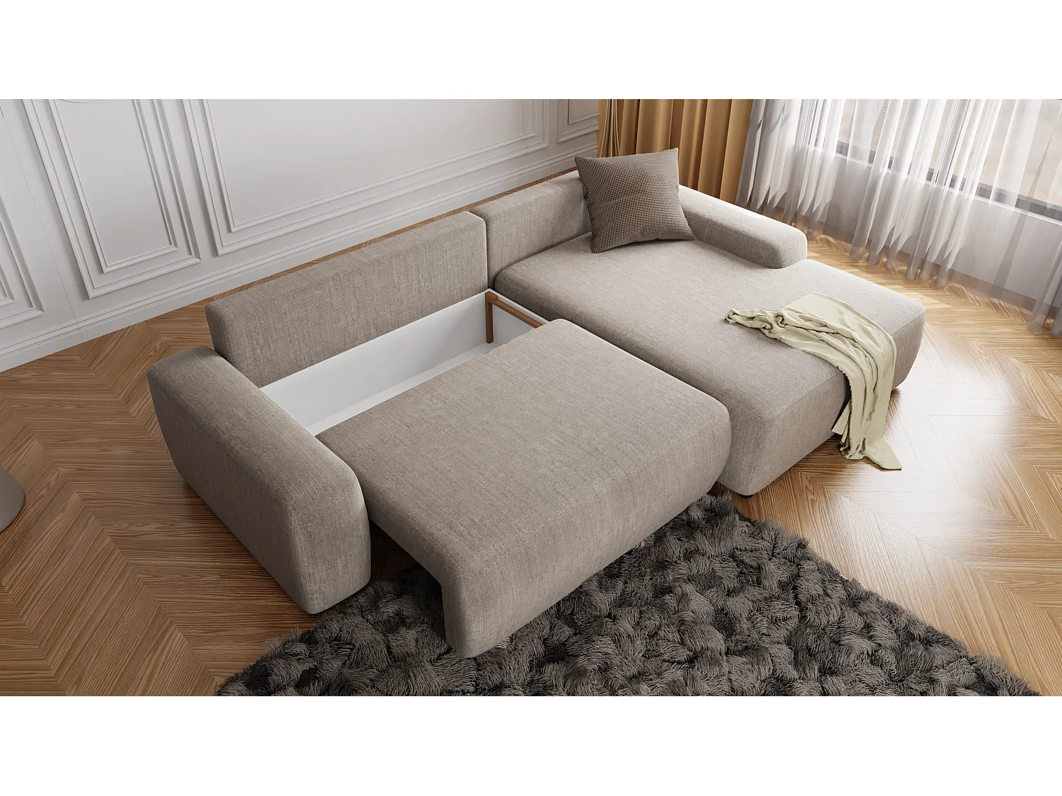 Canapé d’angle avec fonction lit et coffre de rangement en tissu velours beige, agréable confort d’assise ALWIN