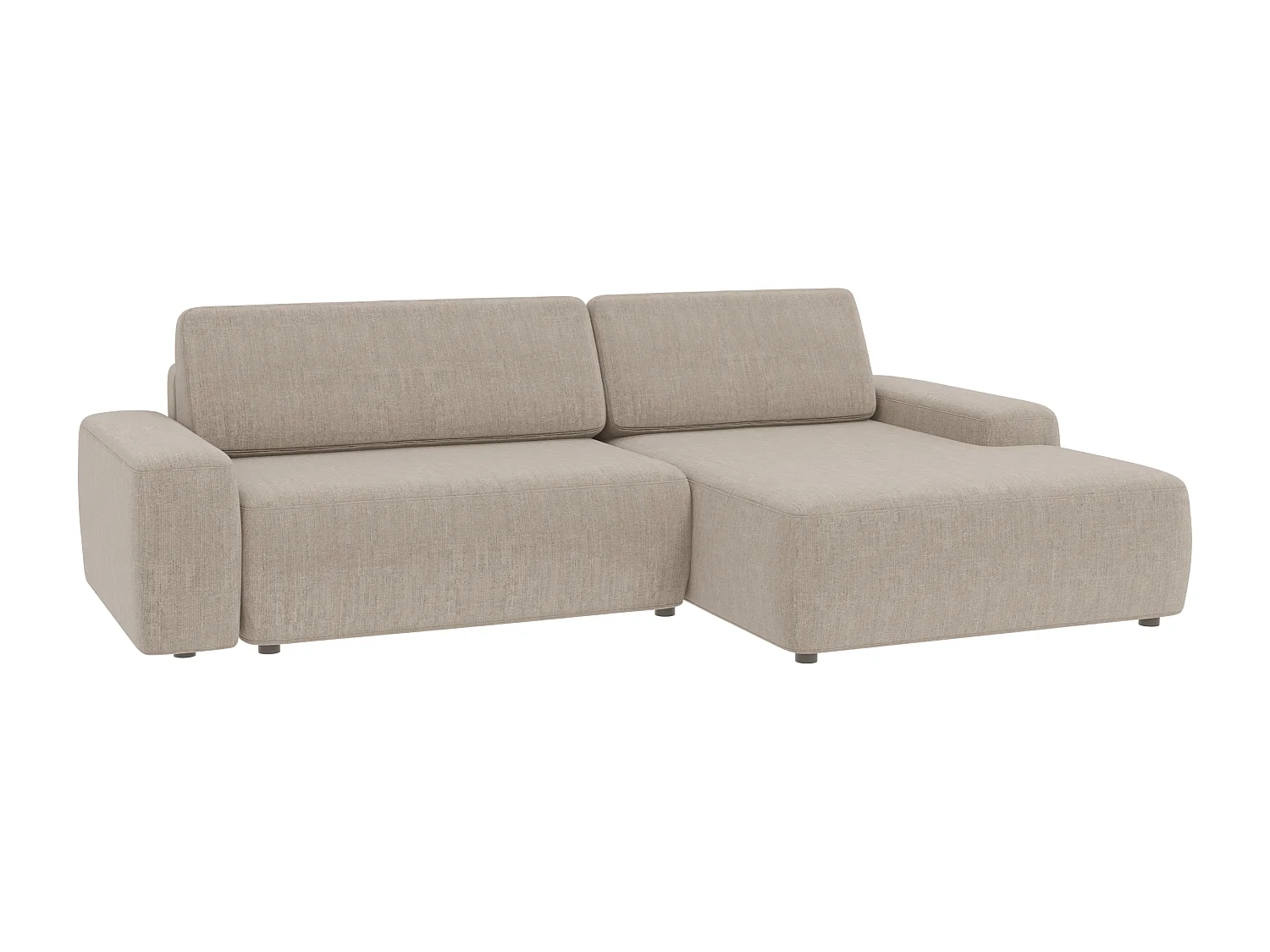 Canapé d’angle avec fonction lit et coffre de rangement en tissu velours beige, agréable confort d’assise ALWIN