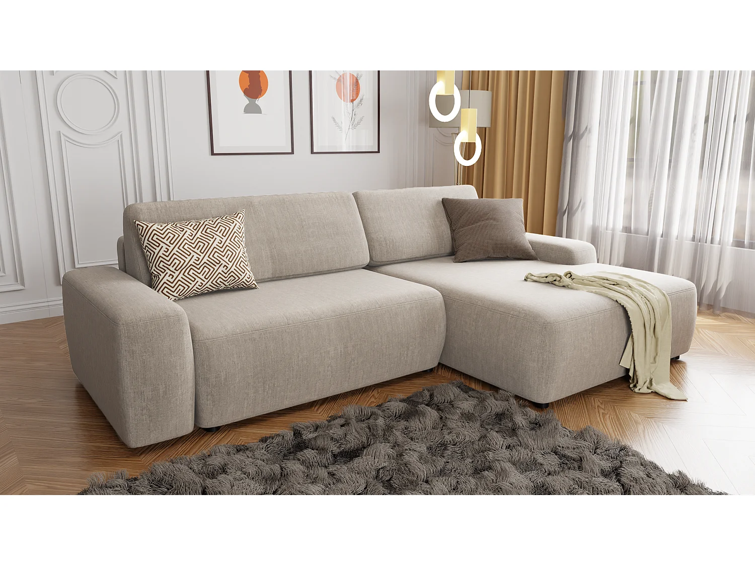 Canapé d’angle avec fonction lit et coffre de rangement en tissu velours beige, agréable confort d’assise ALWIN