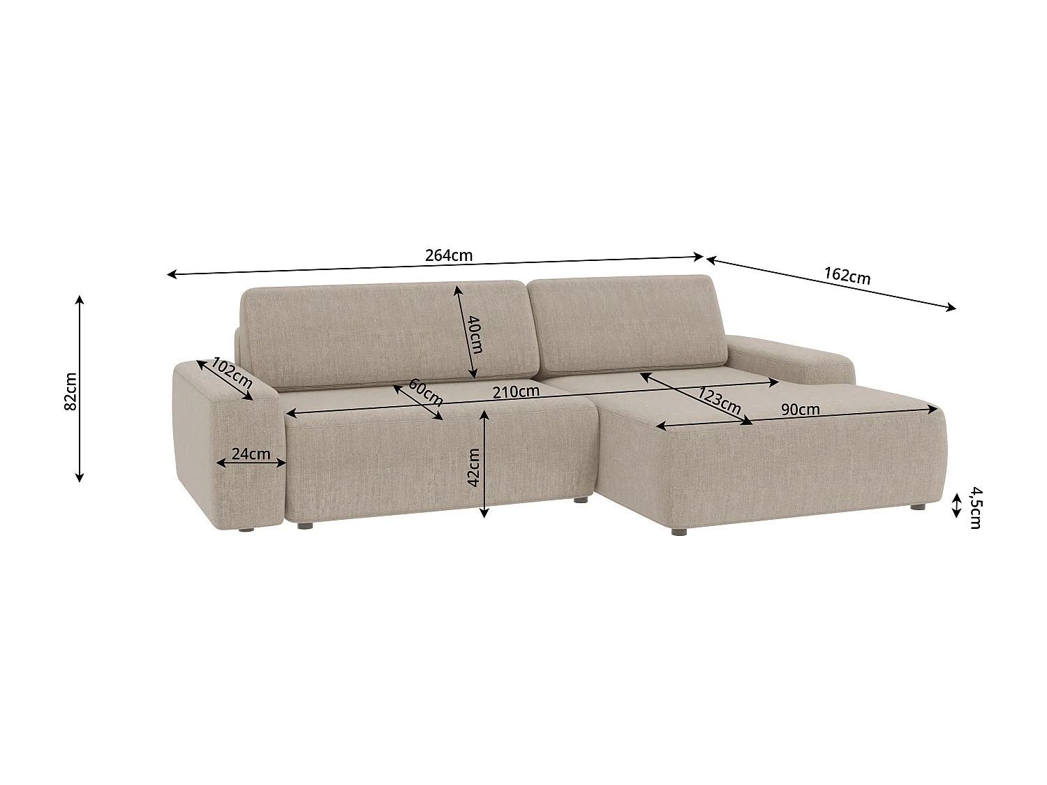 Canapé d’angle avec fonction lit et coffre de rangement en tissu velours beige, agréable confort d’assise ALWIN