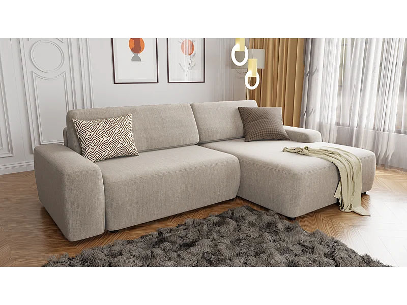 Canapé d’angle avec fonction lit et coffre de rangement en tissu velours beige, agréable confort d’assise ALWIN