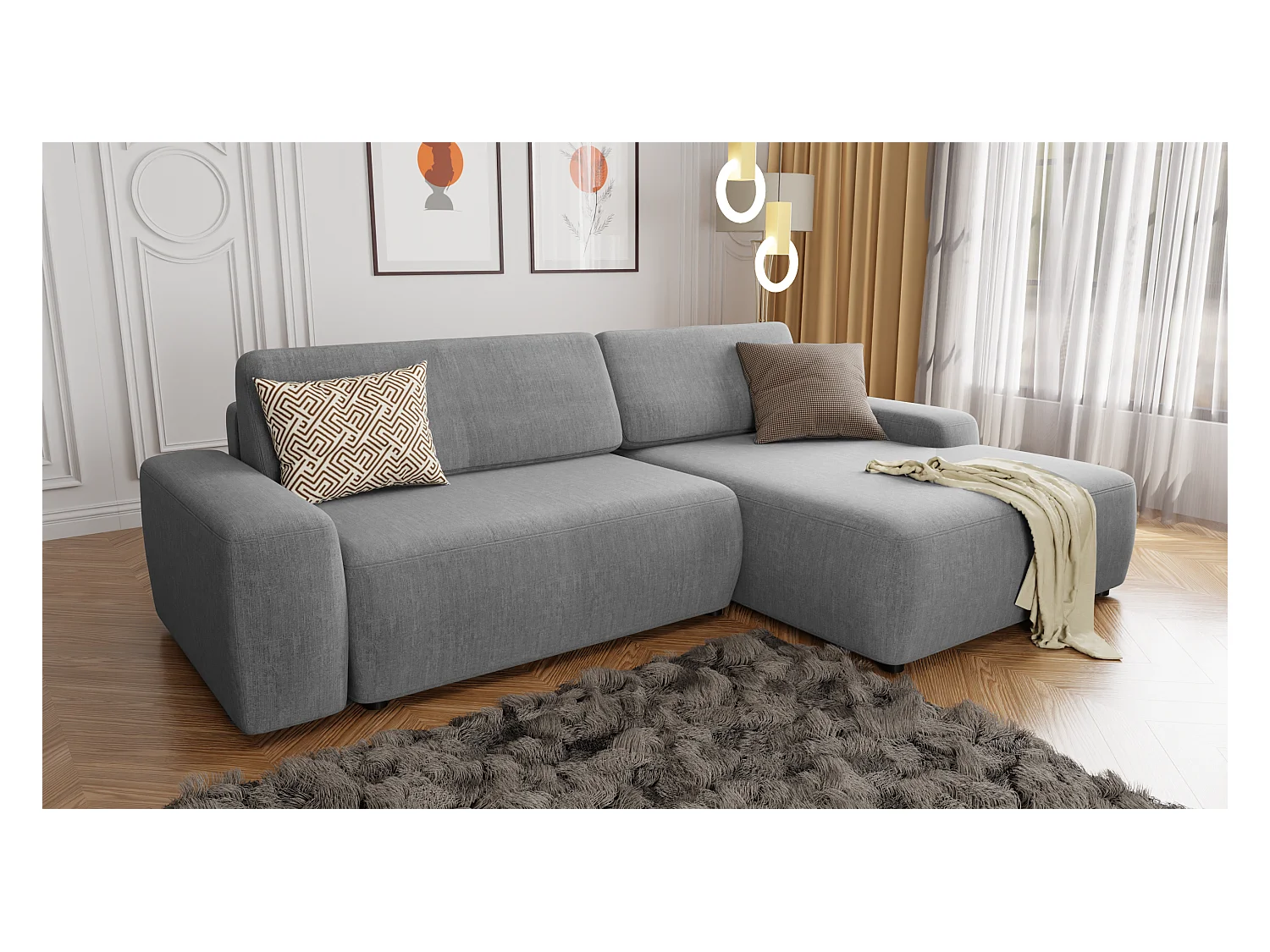 Canapé d’angle avec fonction lit et coffre de rangement en tissu velours gris clair, agréable confort d’assise ALWIN