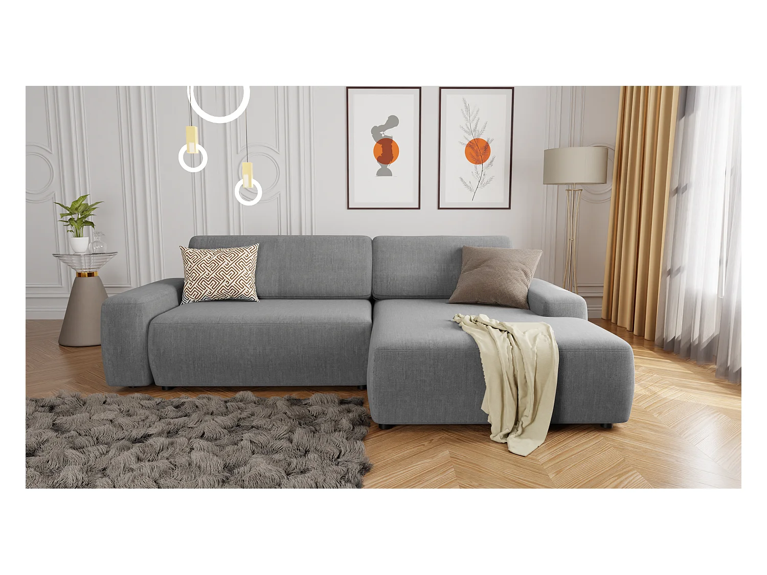 Canapé d’angle avec fonction lit et coffre de rangement en tissu velours gris clair, agréable confort d’assise ALWIN