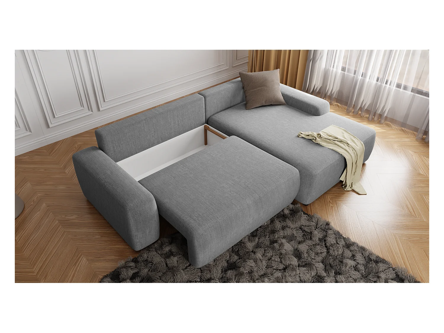 Canapé d’angle avec fonction lit et coffre de rangement en tissu velours gris clair, agréable confort d’assise ALWIN