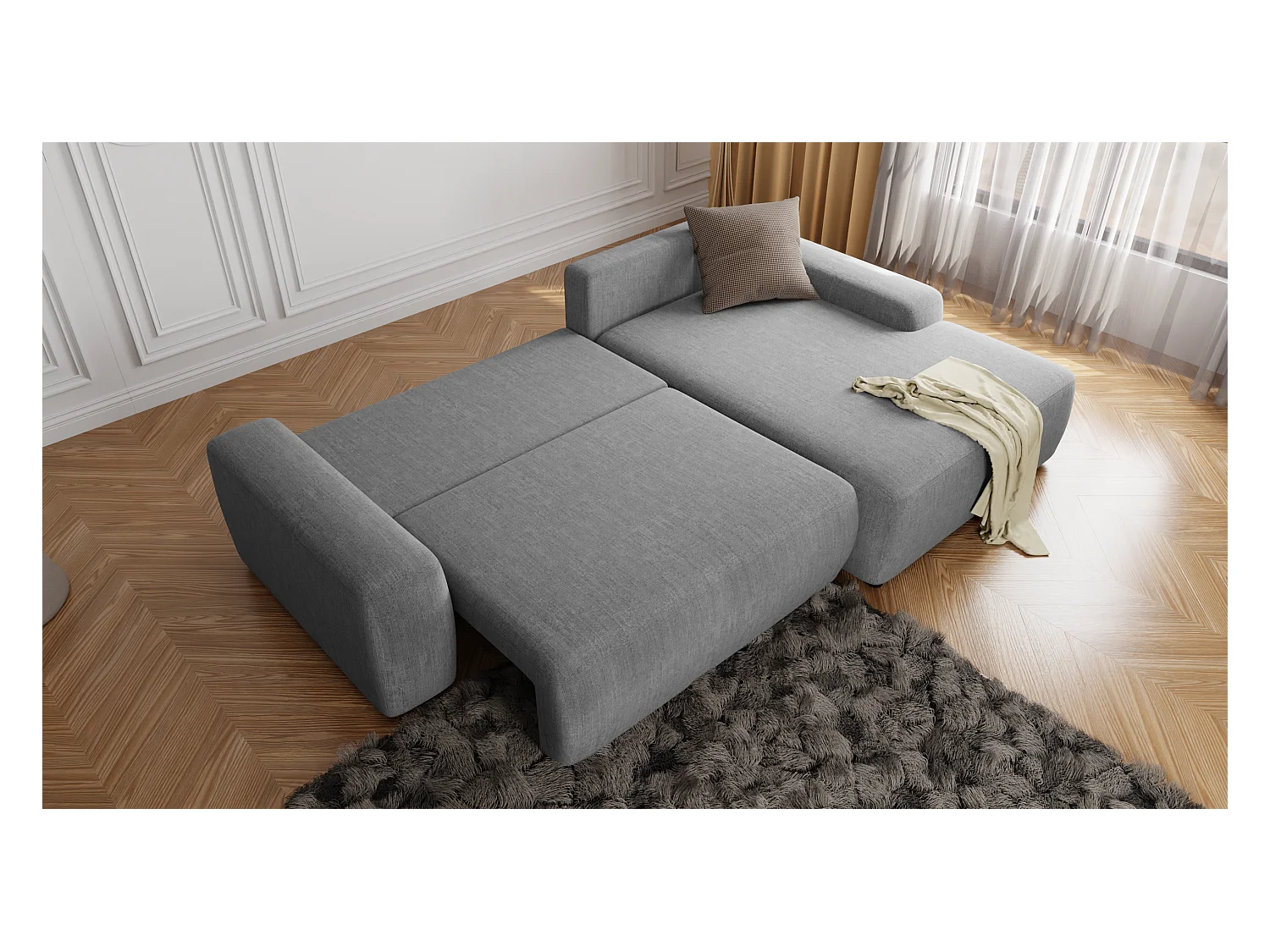 Canapé d’angle avec fonction lit et coffre de rangement en tissu velours gris clair, agréable confort d’assise ALWIN