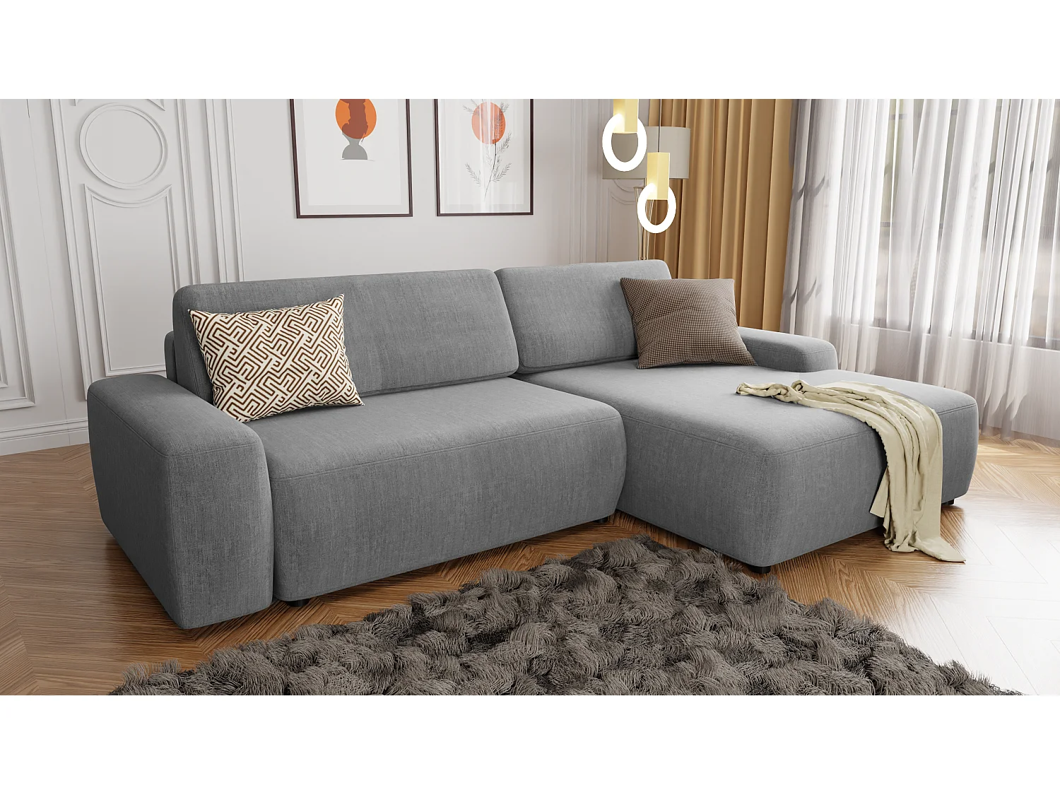 Canapé d’angle avec fonction lit et coffre de rangement en tissu velours gris clair, agréable confort d’assise ALWIN