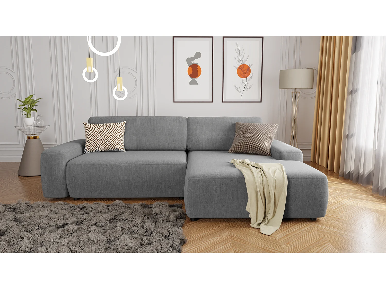 Canapé d’angle avec fonction lit et coffre de rangement en tissu velours gris clair, agréable confort d’assise ALWIN